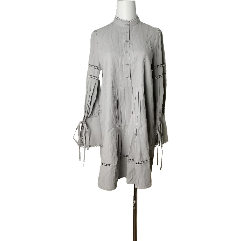 ⚓️ L, vintage loose grey cotton & linen stand-up collar dress by D- Harry